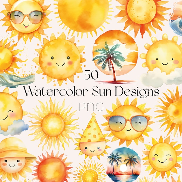 Watercolor Sun Clipart Bundle Summer PNG Nursery Clip Art Watercolor Boho Sun PNG Cute Sun Clipart Sunshine Designs Retro Sun PNG Cute Sun