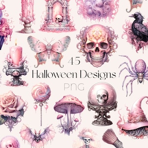 Clipart Halloween rose aquarelle mignon Halloween pastel PNG Clipart mignon aquarelle rose Halloween effrayant PNG pastel sorcière Clipart Halloween