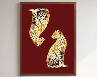 Leopard Poster – Vintage Symmetrical Leopard in a Retro Y2K Aesthetic, Burgundy Background (Digital Download)
