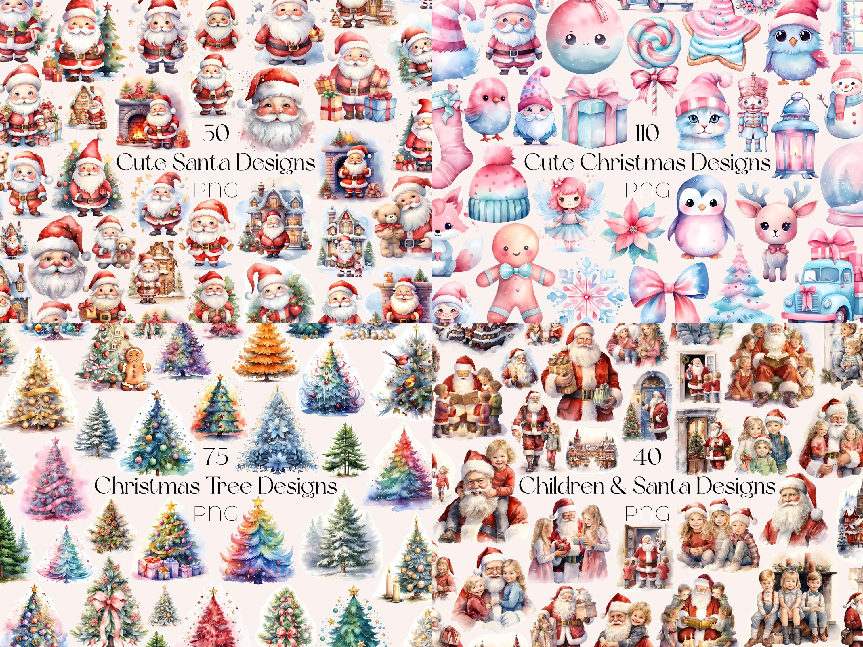 Cute Christmas Clipart Mega Bundle Watercolor Kawaii Christmas Clipart ...