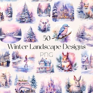Paysages de Noël aquarelle Clipart Scène de Noël PNG au pays des merveilles de l'hiver Clipart au pays des merveilles de l'hiver Clipart Noël rose PNG PNG