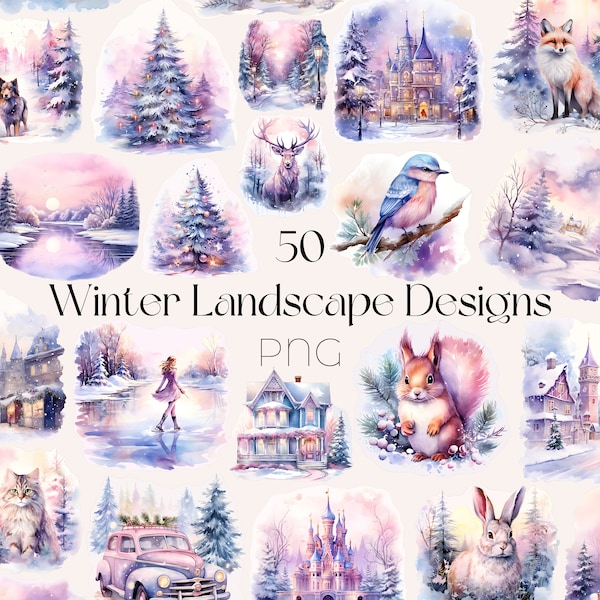 Christmas Landscapes Watercolor Clipart Christmas Scene Clipart Winter Wonderland SVG Winter Wonderland Clipart Pink Christmas Clipart