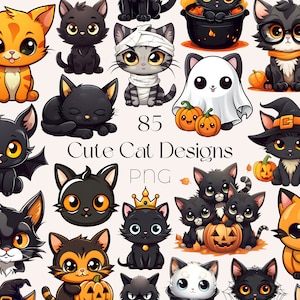 Bundle pastel de cliparts de chat d'Halloween mignon aquarelle, lot de cliparts de chat d'Halloween mignon pastel, PNG de Kawaii Halloween