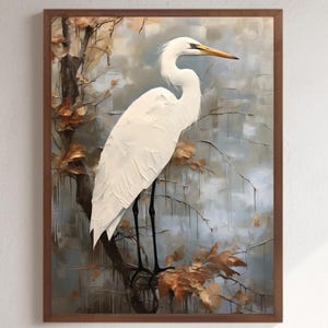 Heron Impasto Painting White Heron Print Soft Printable Wall Art Bird Oil Painting Japandi Heron Wall Art Oil Painting of a Heron Print JPG