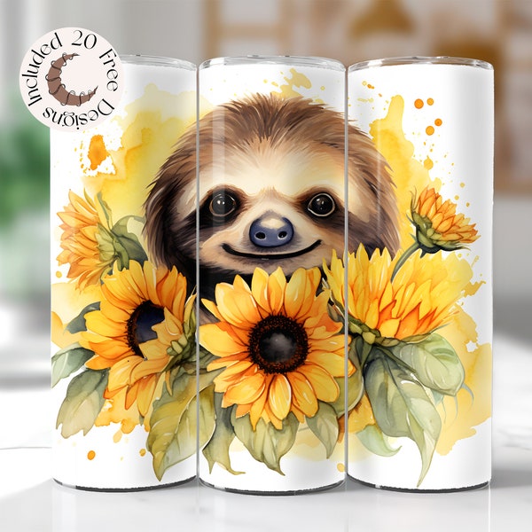 Sunflower Sloth Tumbler Wrap Floral Sloth Tumbler PNG Cute Sloth Floral Sunflowers 20 oz Tumbler Wrap Watercolor Sloth Skinny Tumbler Design