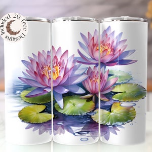 Water Lily Tumbler Wrap Watercolor Spring Flower Tumbler PNG Floral Sublimation Design Water Lily 20 oz Skinny Tumbler Wildflower Tumbler
