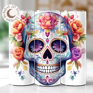Floral Sugar Skull Tumbler Wrap Blumen Zuckerschädel Tumbler Wrap Tag der Toten 20 Unzen Skinny Tumbler Sublimation Sugar Skull Tumble PNG