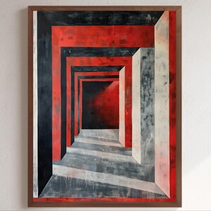 May include: Abstract painting featuring a series of receding rectangular forms in red, black, and white. The artwork, framed in a wooden border, creates a sense of depth and perspective, with light and shadow effects.