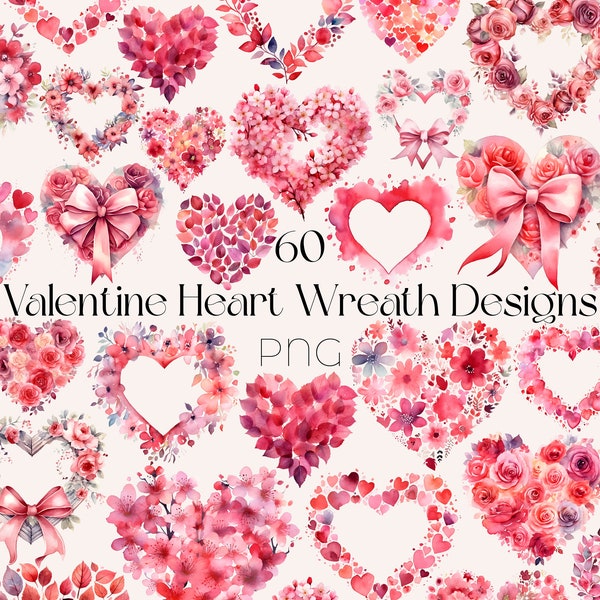 Valentine Wreath Clipart Heart Wreath Clipart Floral Valentines Day svg Watercolor Heart Wreath Clipart Valentines Day Wreath PNG Heart svg