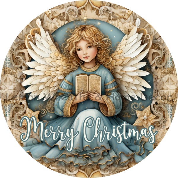 Christmas Angel | Merry Christmas | Blue and Gold | PNG Download ONLY | Sublimation | Wreath Sign | Printable Image