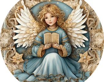 Christmas Angel | Blue and Gold | PNG Download ONLY | Sublimation | Wreath Sign | Printable Image