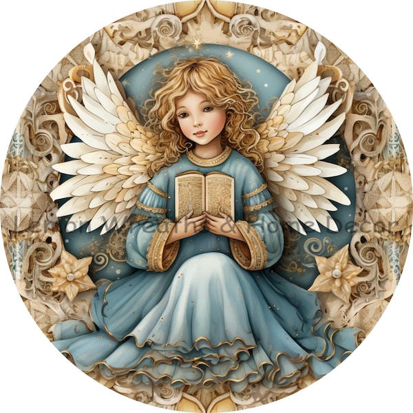 Christmas Angel | Blue and Gold | PNG Download ONLY | Sublimation | Wreath Sign | Printable Image