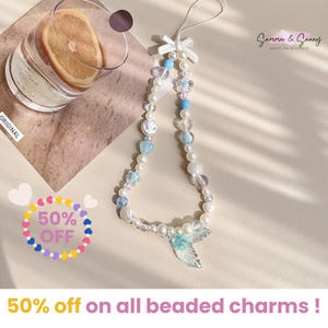 Lindo dije azul de sirena con cuentas de perlas, dije para teléfono con forma de corazón, correa para teléfono, cordón para cámara, dije de océano, dije para muñeca de teléfono Y2K, regalo de cumpleaños.