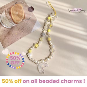 Dije amarillo de sirena con cuentas de perla para teléfono, llavero con forma de corazón para teléfono, cadena para cámara, dije de océano, correa de muñeca para teléfono, dije Y2K, handykette