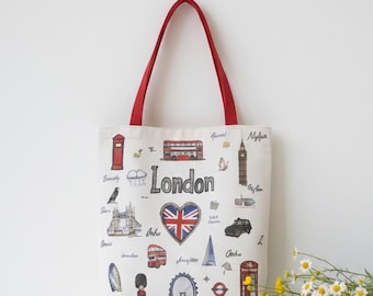 London-Themed Tote Bag, Cute London Souvenir, Casual Shopping Bag, Travel Accessory, Fashionable Gift for London Lovers and Travelers