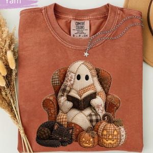 Comfort Colors Ghost Reading Shirt, Book Lover Halloween Tee, Faux Patchwork Ghost T-Shirt, Librarian Gift, Cozy Teacher Shirt, Reader Gift