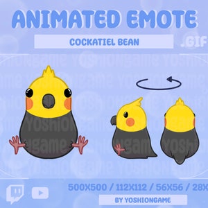 Puede incluir: Emote GIF animado de un cacatúa amarillo con ojos negros y pico negro. El cacatúa se muestra en cuatro poses diferentes, rotando en un círculo. El texto "COCKATIEL BEAN" y ".GIF" se muestra arriba de la imagen. El texto "500X500/112X112/56X56/28X28" y "BY YOSHIONGAME" se muestra debajo de la imagen.