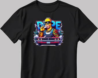 May include: A black t-shirt with a cartoon image of a yellow character wearing sunglasses and a chain, sitting in a red car with the word "DOPE" printed on the license plate. The character is smoking a cigarette and has a tattoo on their arm.