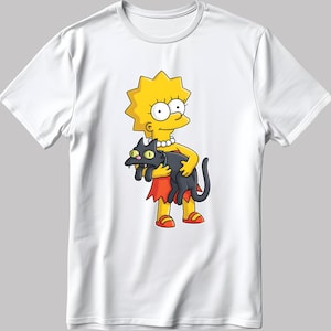 May include: A white t-shirt with a yellow-haired cartoon character holding a black cat. The character is wearing a red skirt and a pearl necklace.