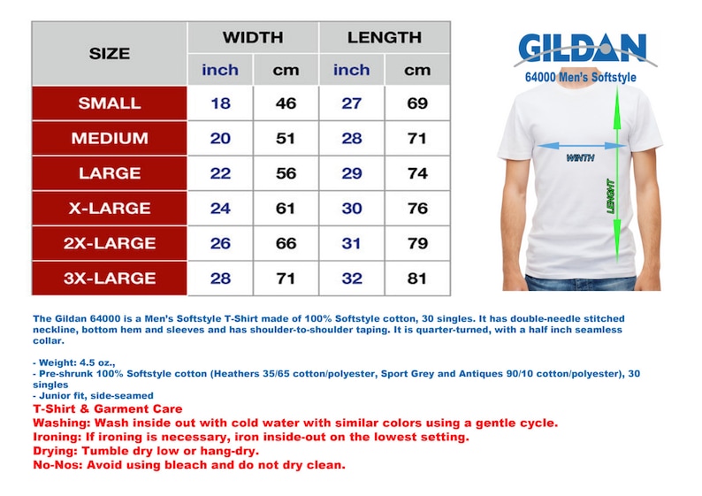 Puede incluir: Camiseta Gildan 64000 Softstyle blanca con tabla de tallas. Tallas desde Small (46 cm ancho, 69 cm largo) hasta 3X-Large (71 cm ancho, 81 cm largo). Incluye instrucciones de cuidado.