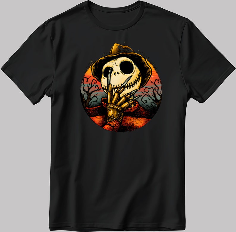 K&ouml;nnte beinhalten: Schwarzes T-Shirt mit einem Motiv eines Skeletts, das einen Hut tr&auml;gt und ein Messer h&auml;lt. Der Hintergrund ist ein Sonnenuntergang mit B&auml;umen.
