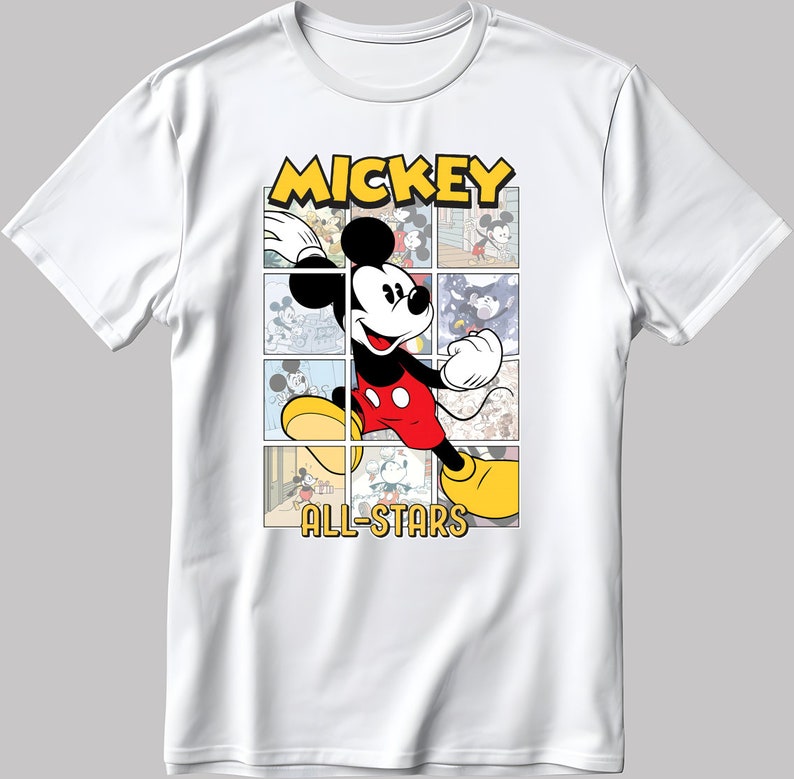May include: White t-shirt with a cartoon image of Mickey Mouse in a red and yellow outfit. The image is surrounded by smaller images of Mickey Mouse in different poses. The text "MICKEY ALL-STARS" is printed below the image.