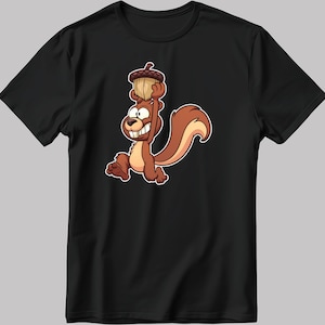 May include: A cartoon squirrel with a brown and white tail is running while holding an acorn above its head. The squirrel has a mischievous expression on its face.