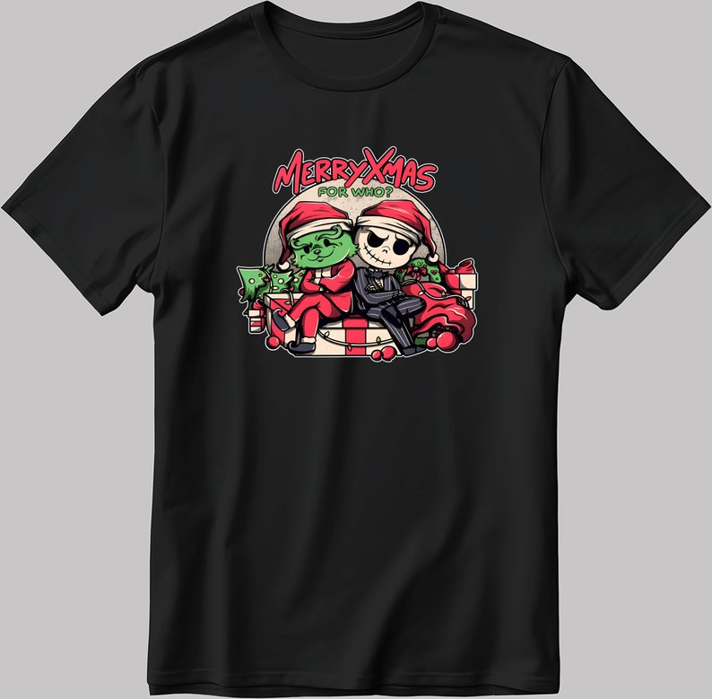 以下が含まれることがあります： クリスマスをテーマにしたグラフィックがプリントされた黒いTシャツ。映画「ナイトメア・ビフォア・クリスマス」のグリンチとジャック・スケリントンが描かれている。キャラクターの上に「メリークリスマス フォー フー？」というテキストが書かれている。