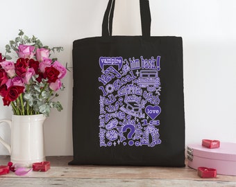 Bolso de mano de color oscuro, negro, azul marino y granate Rodrigo Guts, estampado de vampiro en una sola cara L346