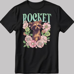 Retro Baby Rocket Raccoon Floral Short Sleeve White-Black Men&#39;s / Women&#39;s T Shirt DE29