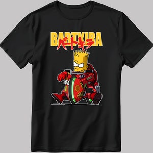 Op de afbeelding: Zwart t-shirt met een cartoon illustratie van Bart Simpson op een rode motor. De tekst "BARTKIRA" staat in geel en rood boven de afbeelding. Het ontwerp is een parodie op de anime film "Akira".