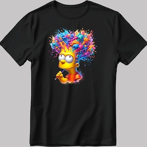 Puede incluir: Una camiseta negra con un gráfico colorido de Bart Simpson de Los Simpson. Bart sostiene un lápiz y tiene una explosión de pintura colorida saliendo de su cabeza.