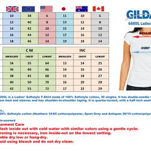Puede incluir: Camiseta Gildan 64000L Softstyle blanca con tablas de tallas en cm y pulgadas. La camiseta tiene cuello, dobladillo y mangas con doble costura. Medidas: hombro, pecho y largo, hasta 72 cm de largo.