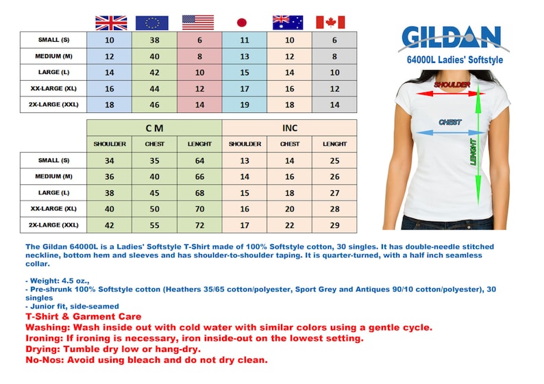 Puede incluir: Camiseta Gildan 64000L Softstyle blanca con tablas de tallas en cm y pulgadas. La camiseta tiene cuello, dobladillo y mangas con doble costura. Medidas: hombro, pecho y largo, hasta 72 cm de largo.