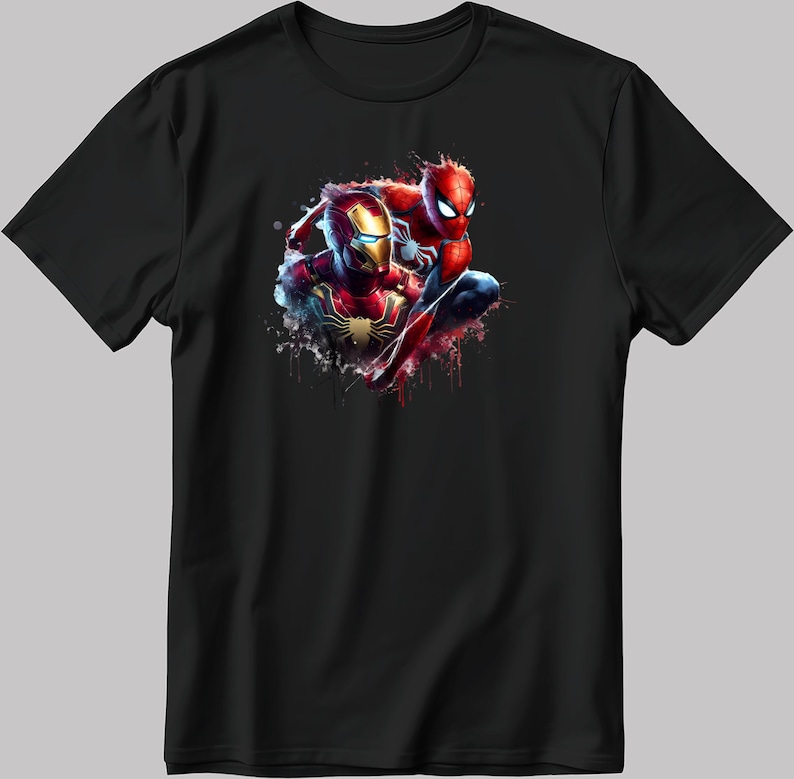 May include: Black t-shirt featuring a graphic of Iron Man and Spider-Man in a dynamic pose with red and blue paint splatters.