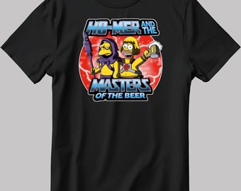 May include: Black t-shirt featuring a graphic of Homer Simpson and a character from the Masters of the Universe cartoon. The graphic includes the text "Homer and the Masters of the Beer".