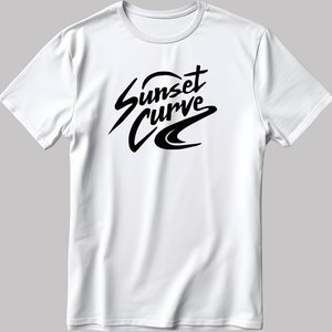 May include: White t-shirt with a black graphic design that says "Sunset Curve" in a stylised font.