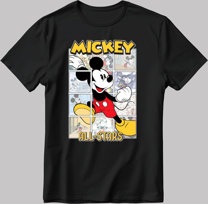 May include: Black t-shirt with a cartoon image of Mickey Mouse in a red and yellow outfit. The image is surrounded by smaller images of Mickey Mouse in different poses. The text "MICKEY ALL-STARS" is printed below the image.