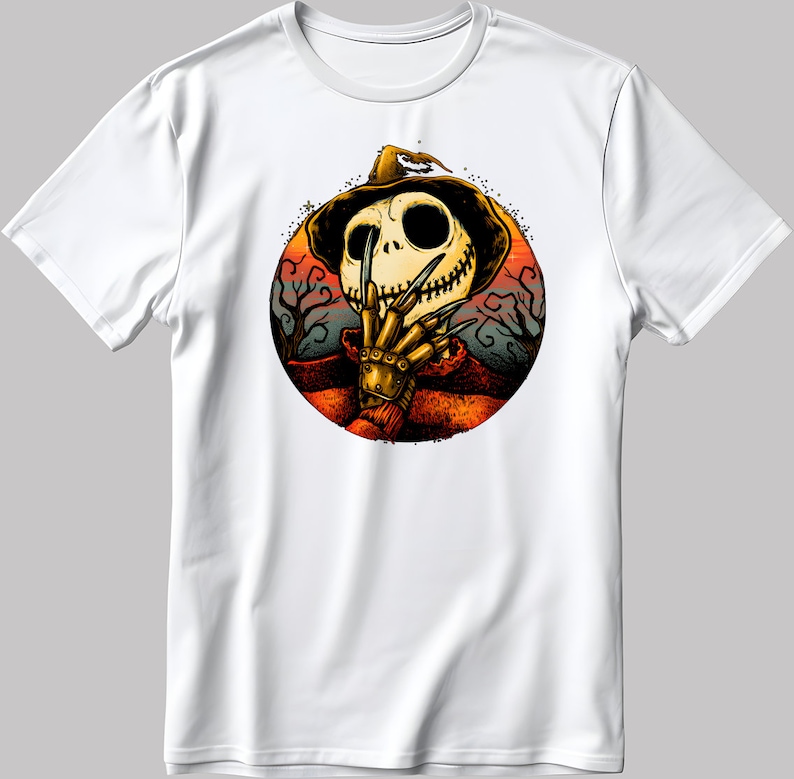 K&ouml;nnte beinhalten: Wei&szlig;es T-Shirt mit einem kreisf&ouml;rmigen Grafikdruck eines Comic-Charakters mit einem Skelettgesicht, der einen Hut tr&auml;gt und ein Paar scharfe Krallen h&auml;lt. Der Charakter ist vor einem Sonnenuntergangs-Hintergrund mit B&auml;umen in der Ferne platziert.