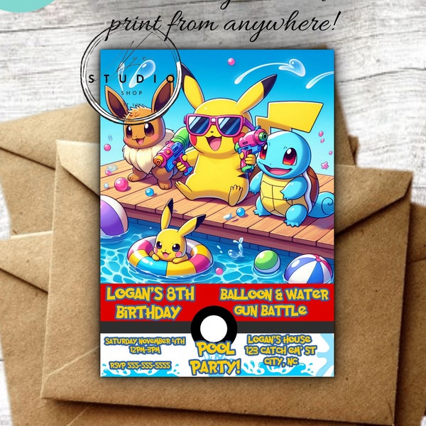Editable Poke mon Birthday Party Invite, Instant Download, Editable Template, Water Party, Splash Bash, swim party