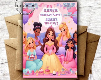 Editable Princess and Friends Girl Sleepover Birthday Party Invite, Instant Download, Editable Template, Slumber Party