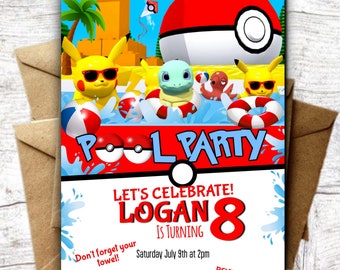 Invitación editable a fiesta de cumpleaños de Poke mon, descarga instantánea, plantilla editable, fiesta acuática, Splash Bash, fiesta de natación