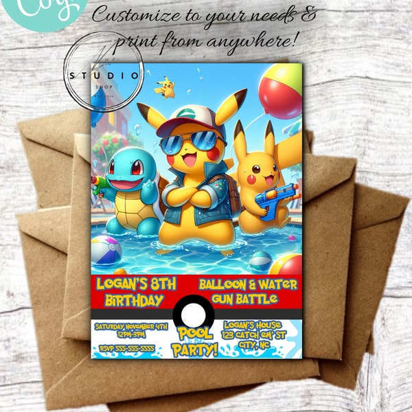 Editable Poke mon Birthday Party Invite, Instant Download, Editable Template, Water Party, Splash Bash, swim party