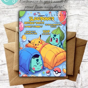 Editable Pokemone Sleepover Birthday Party Invite, Instant Download, Editable Template