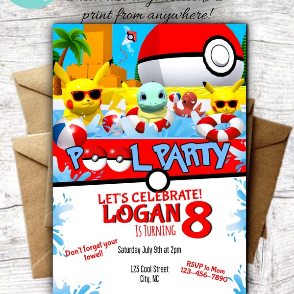 Editable Poke mon Birthday Party Invite, Instant Download, Editable Template, Water Party, Splash Bash, swim party