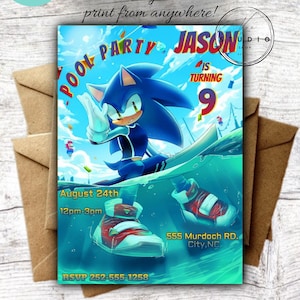Editable Blue Hedgehog Birthday Pool Party Invite, Instant Download, Editable Template, splash party, swim party, water party, splash bash