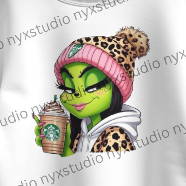 ORIGINAL Christmas Boujee Green Mean Girl Black Hair, Cheetah,  Coffee Cup, PNG, Instant Download, Sublimation