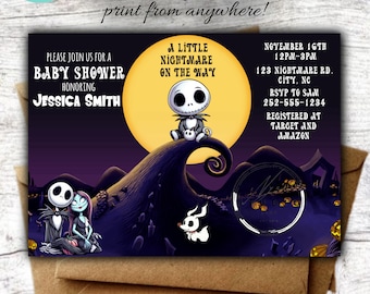 Bewerkbare nachtmerrie kerst baby shower partij uitnodigen, Instant Download, plus luier loterij tickets, welkom, bedankkaarten, 14X11 kaart