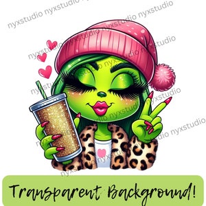 May include: A green-skinned cartoon character with pink lipstick and long eyelashes is wearing a pink beanie and a leopard print jacket. She is holding a glittery tumbler with a straw and giving a peace sign.