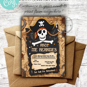 Bewerkbare Pirate Adventure verjaardagsfeestje uitnodigen, Instant Download, bewerkbare sjabloon, Ahoy Matey, Pirate Treasure Map, Jolly Roger